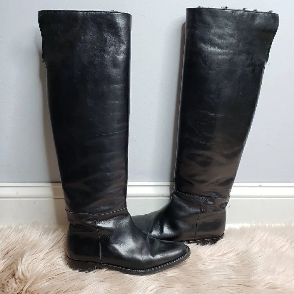 Manolo Blahnik Black Astrakhan-Cuffed Riding Boot